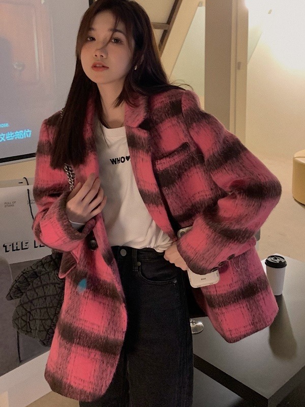 달리아 그라데이션 체크 오버핏 자켓(옐로우/핑크)