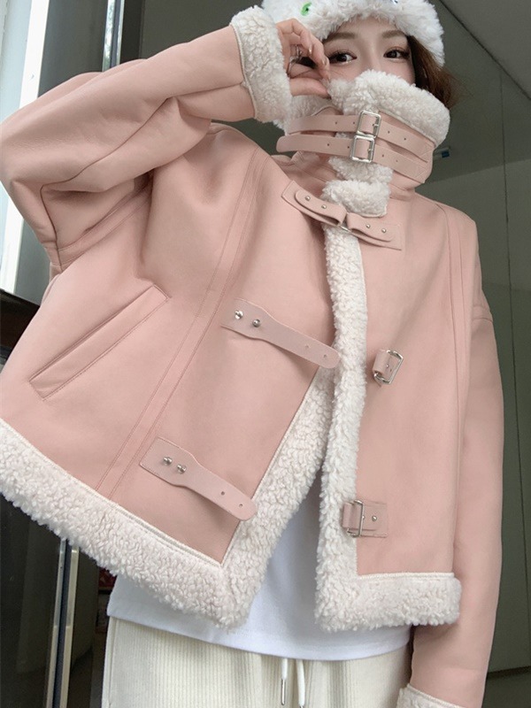 딸기우유 핑크 양털 무스탕 숏 자켓