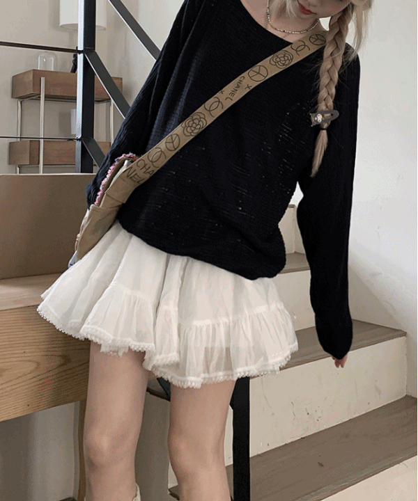 [발레코어룩🧡]리아 루즈핏 시스루 긴팔 티셔츠 + 캉캉 레이스 미니스커트 SET