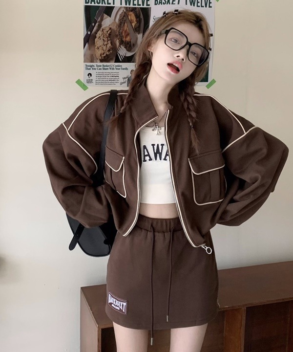 [가을코디🍂당일출고] 코코아 배색라인 자켓+스커트 SET