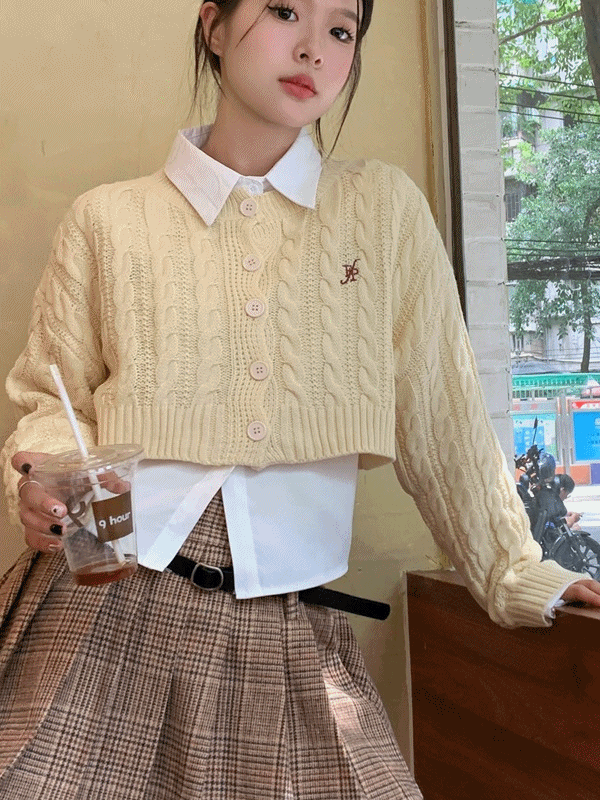 르제 크롭 꽈배기 니트 스웨터 셔츠 코디세트 (옐로우/그레이)